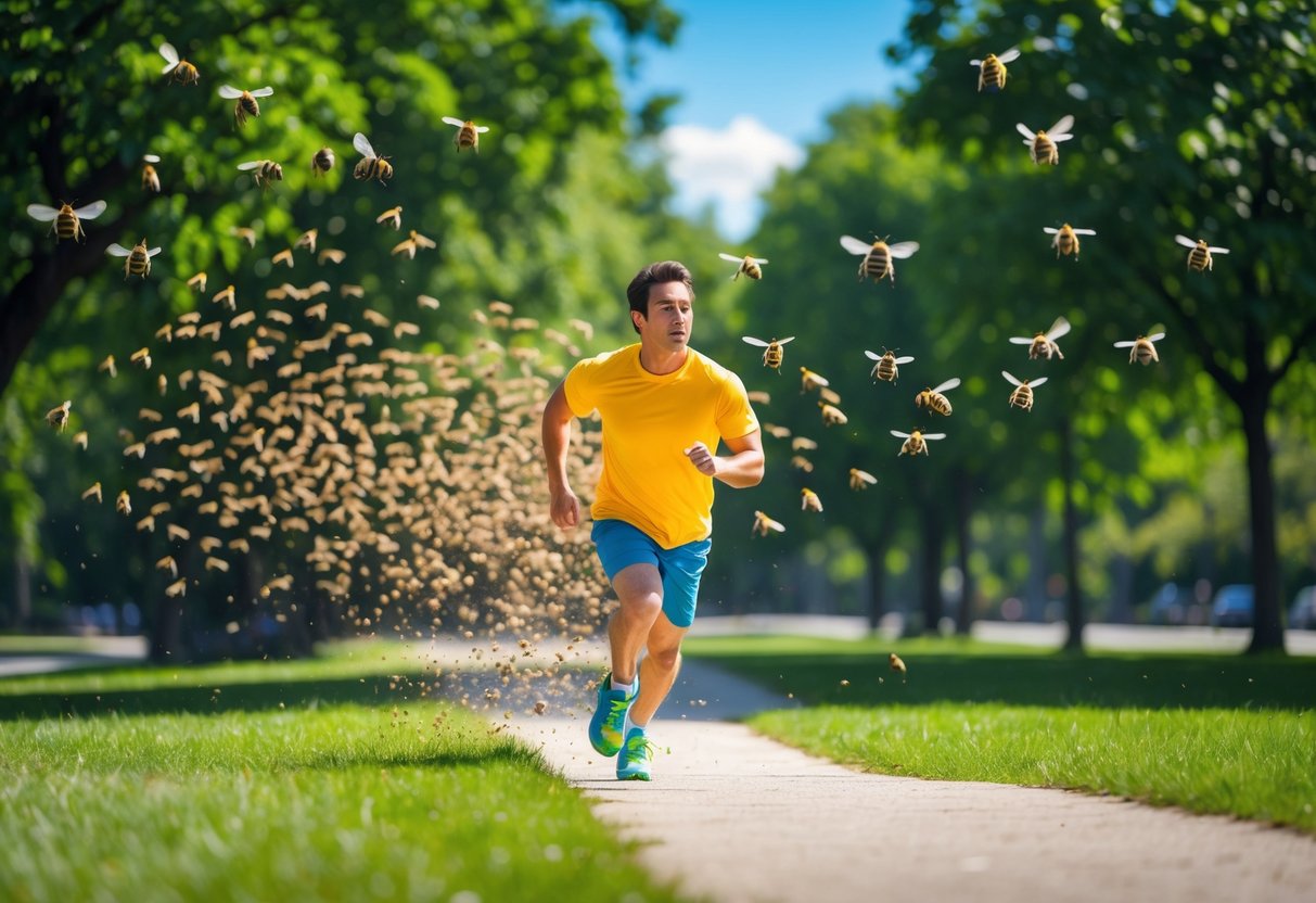 A man running through a park with a swarm of bees chasing him.