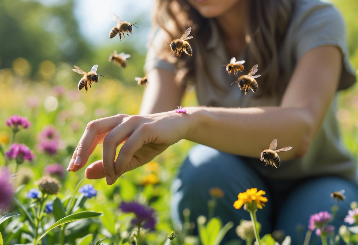 A person outdoors in a garden with bees flying nearby and a small red mark on their arm from a bee bite.