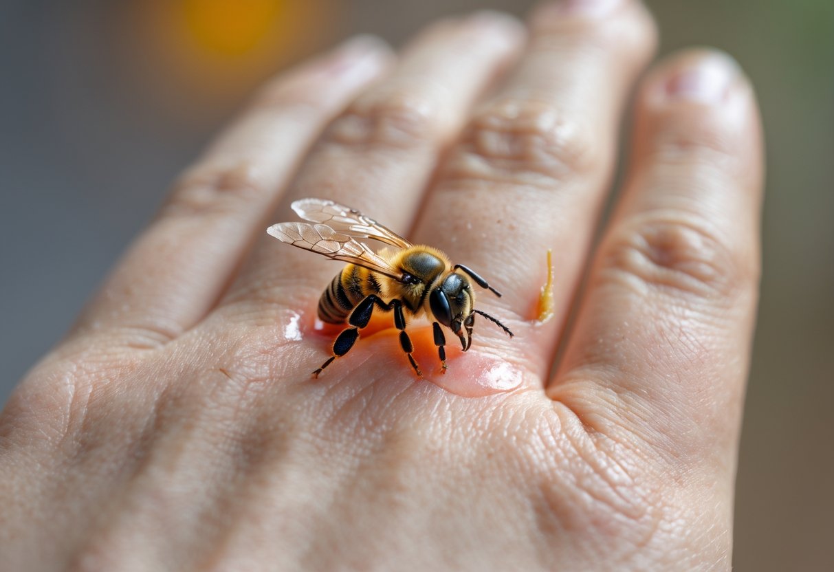 Close-up of a hand with a bee stinger embedded in the skin, showing redness and swelling around the sting.