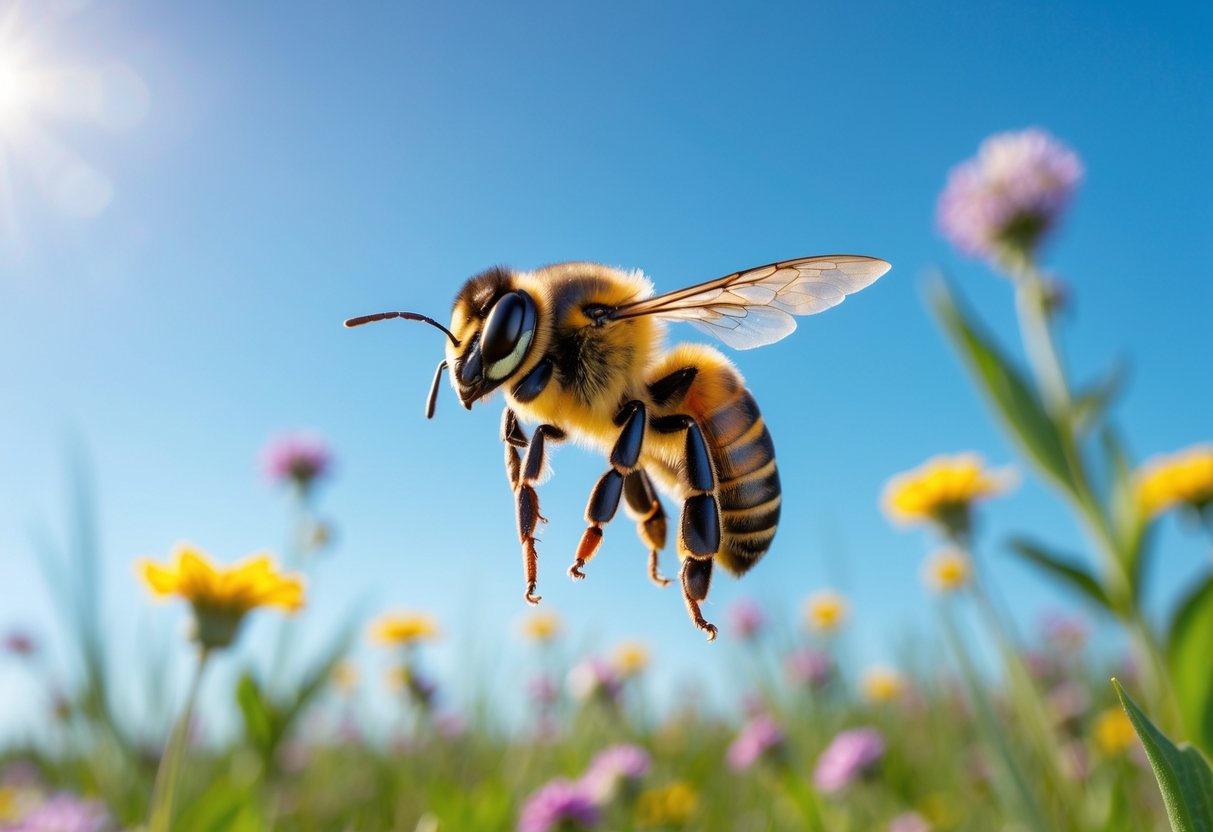 A queen bee flying above a field of colorful wildflowers under a clear sky.