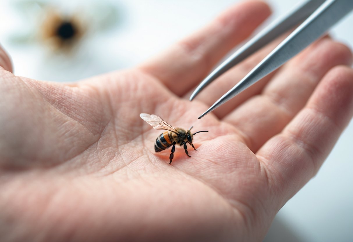 Close-up of a hand with a bee stinger embedded in the skin and tweezers ready to remove it.