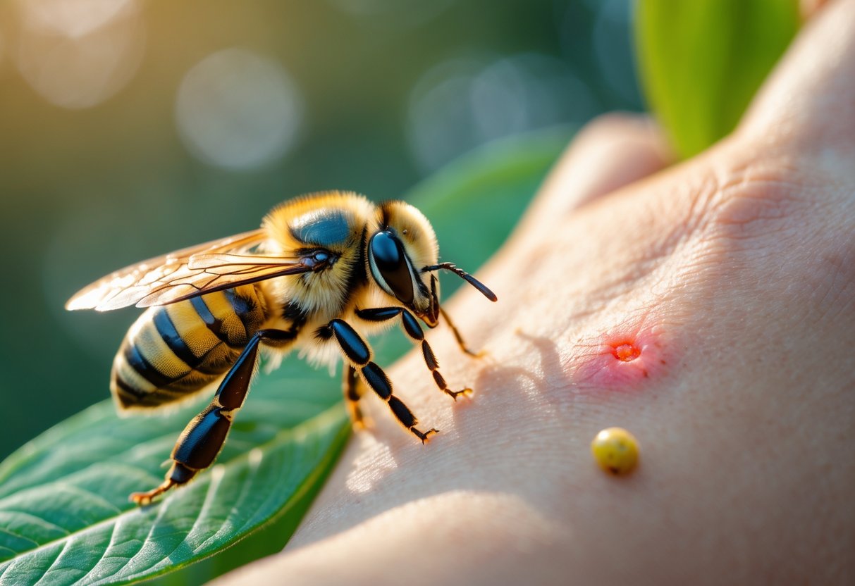 Close-up of a human hand with a red sting mark and a queen bee resting on a leaf nearby.