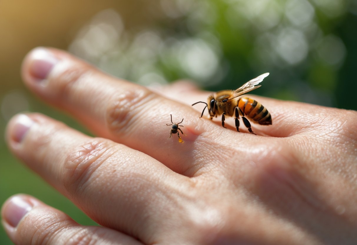 Close-up of a hand with a bee sting embedded in the skin and a bee nearby.