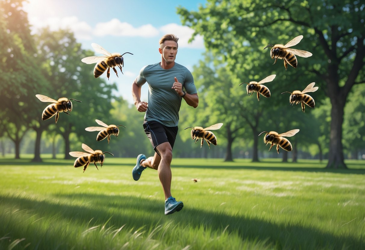 A man running outdoors while several bees fly around him in a park.