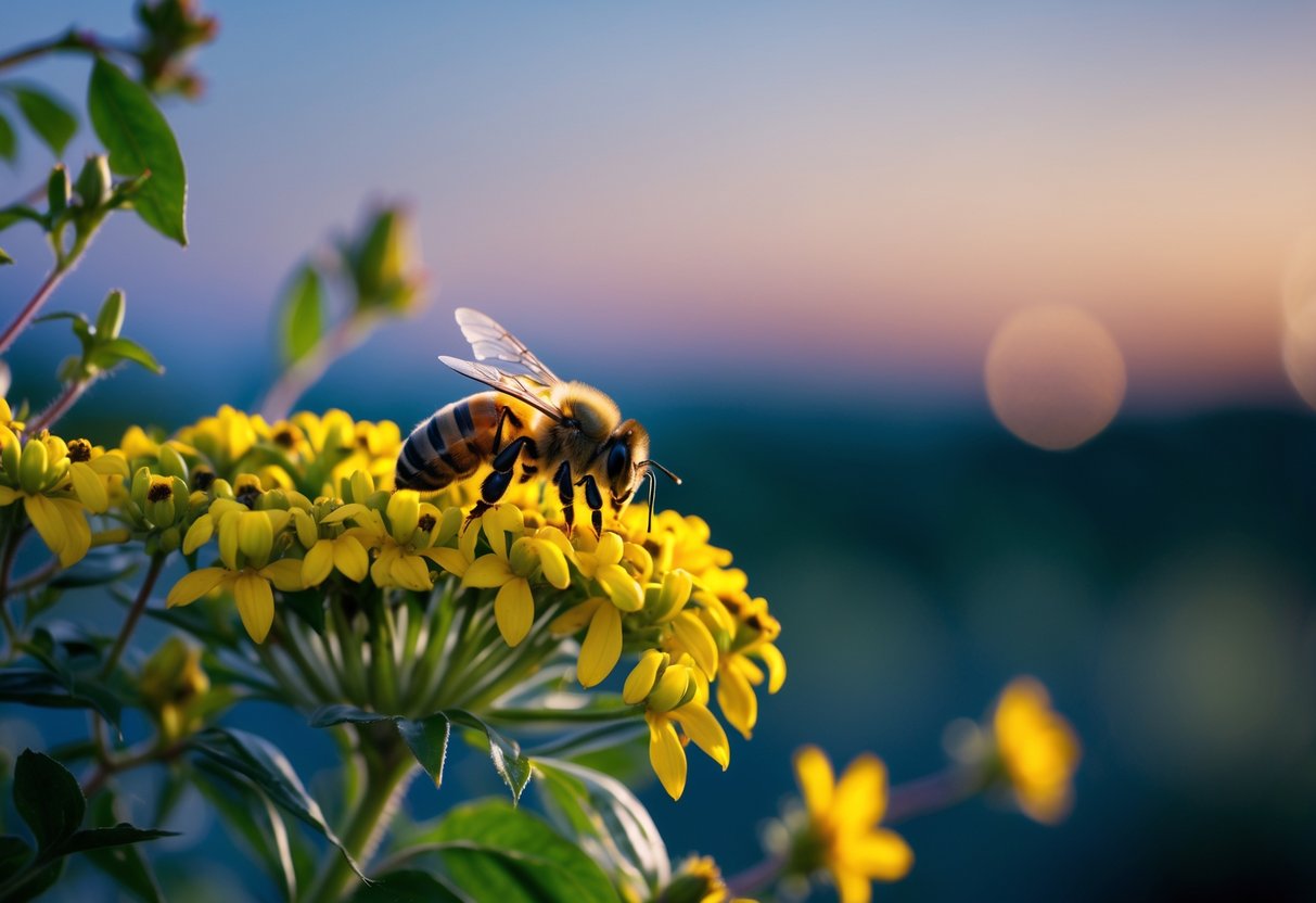 A honeybee resting on yellow flowers at dusk with a soft evening sky in the background.