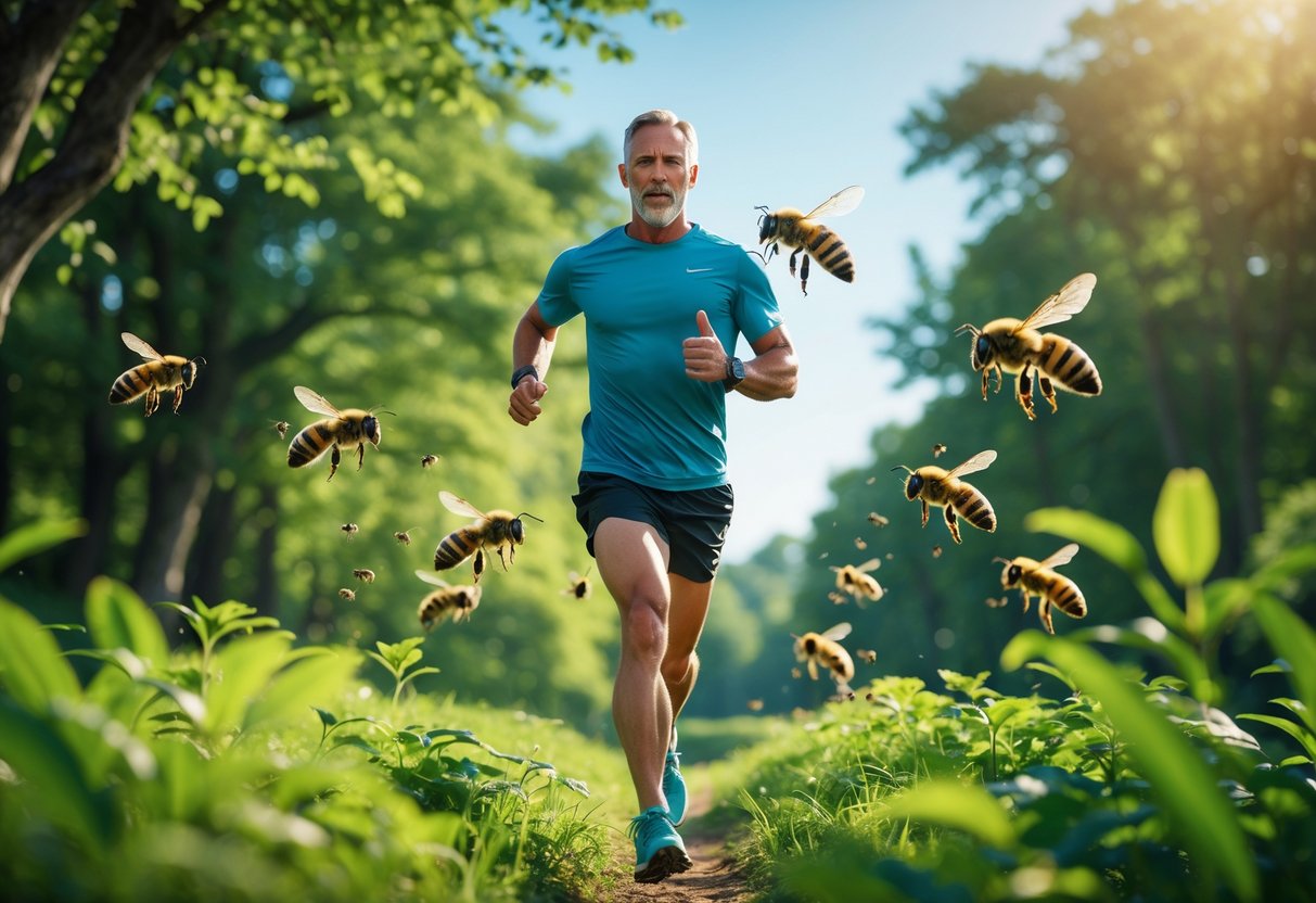 A person running on a forest trail with bees flying nearby.