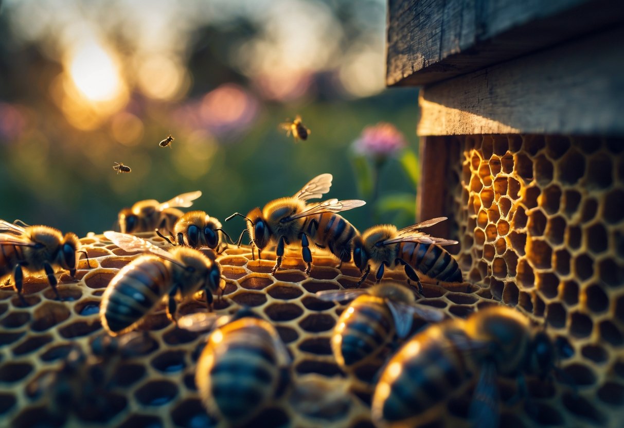 Close-up of honeybees resting inside a beehive at dusk among honeycomb cells.