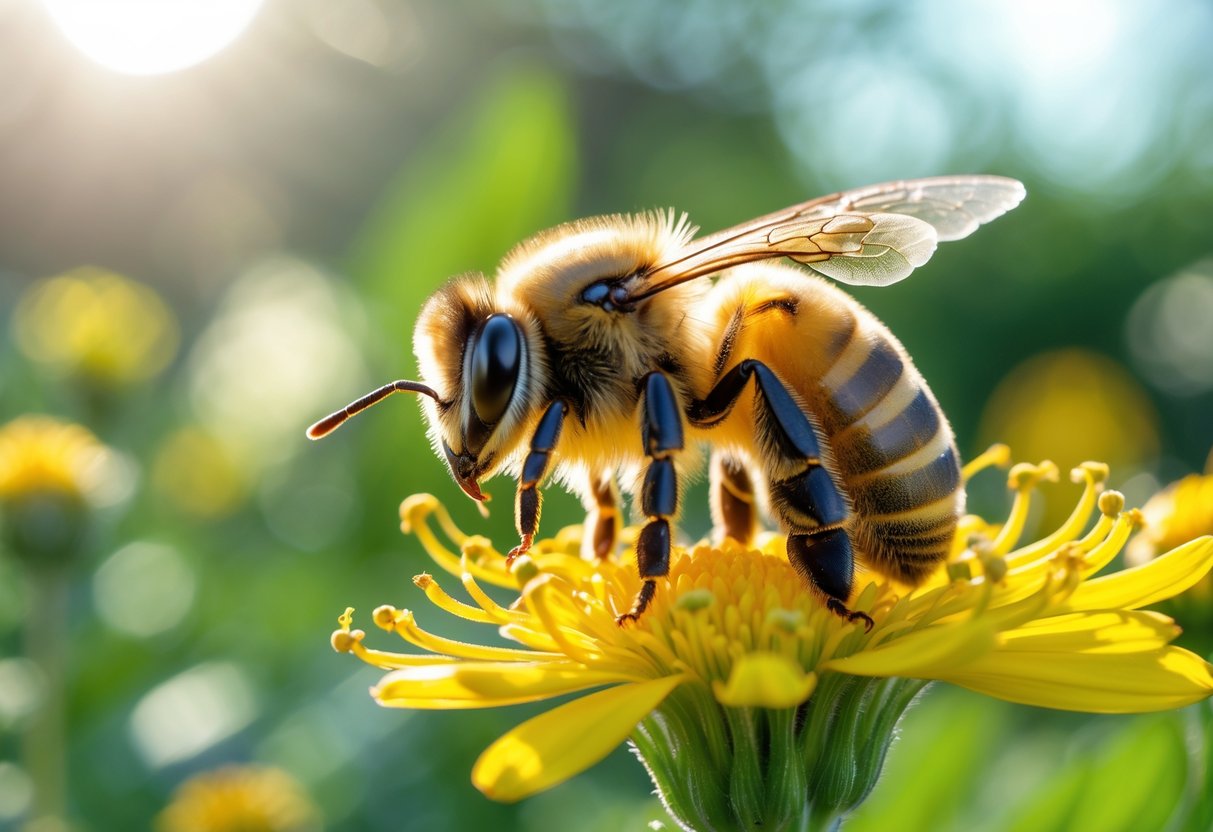 A honeybee resting on a yellow flower in a garden with green foliage in the background.