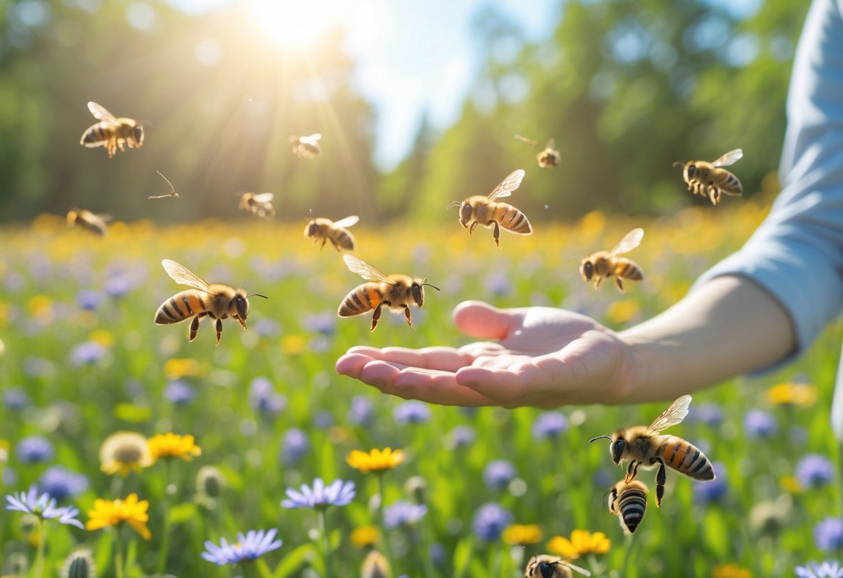 A person’s hand reaching out in a flower-filled meadow with bees flying closely around it.