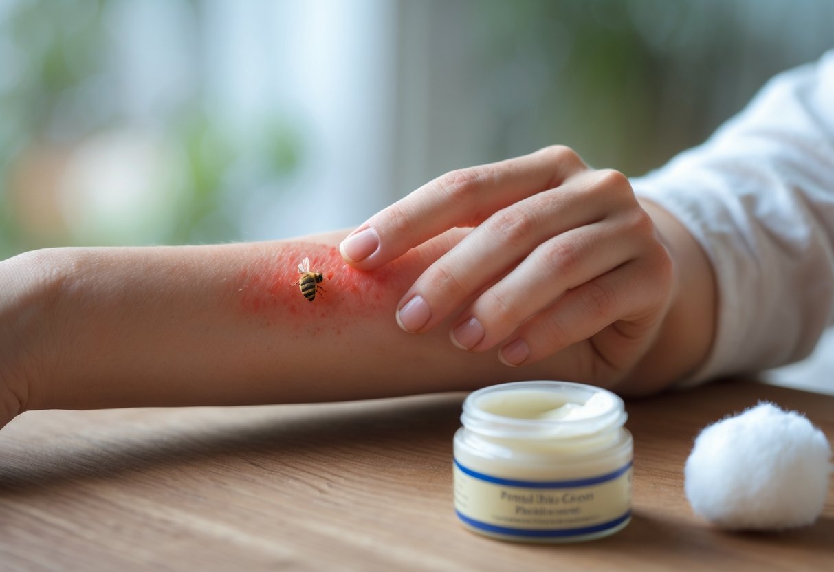 A person examining a swollen, red bee sting on their forearm with a jar of cream and cotton ball nearby.