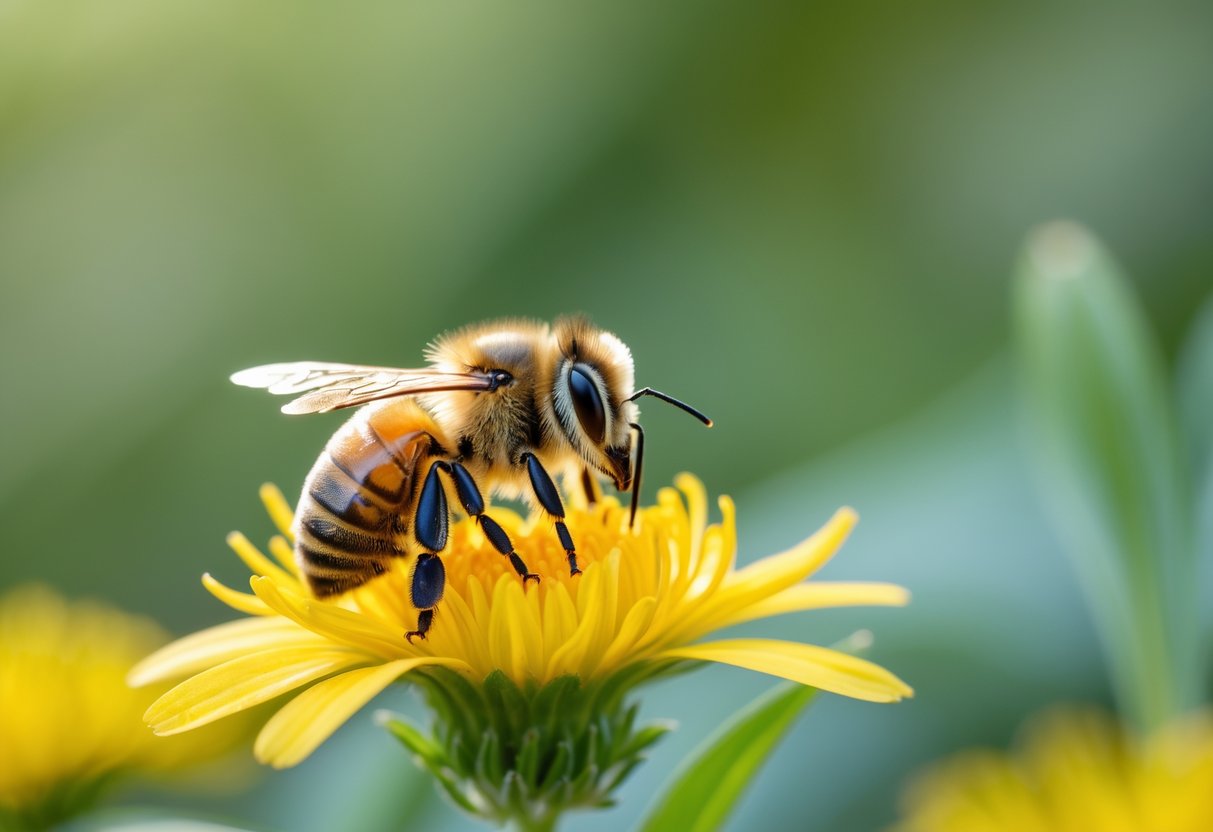 A honeybee resting on a yellow flower with green foliage in the background.