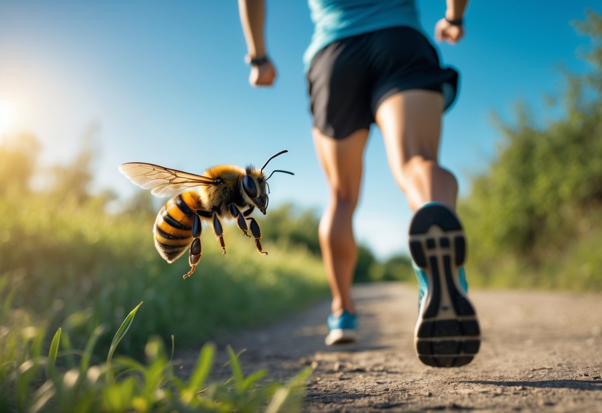 A person running on a trail with a bee flying close by.