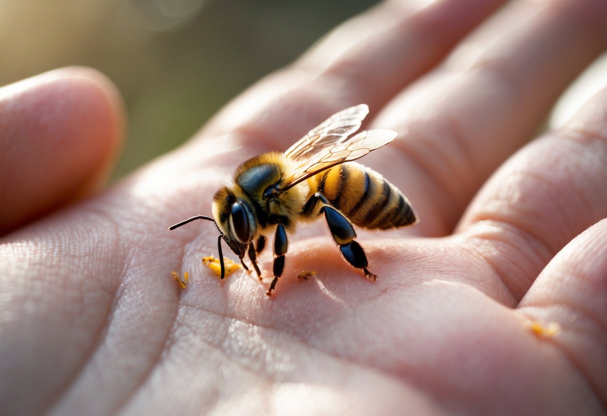 A close-up of a person's hand gently holding a bee that has stung their skin, showing the bee and a small red sting area.