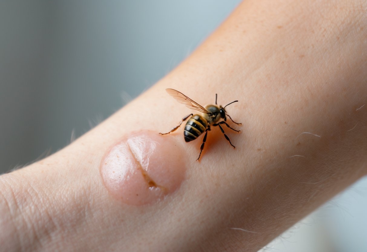 Close-up of a human forearm with a mild red and swollen bee sting injury three days old.