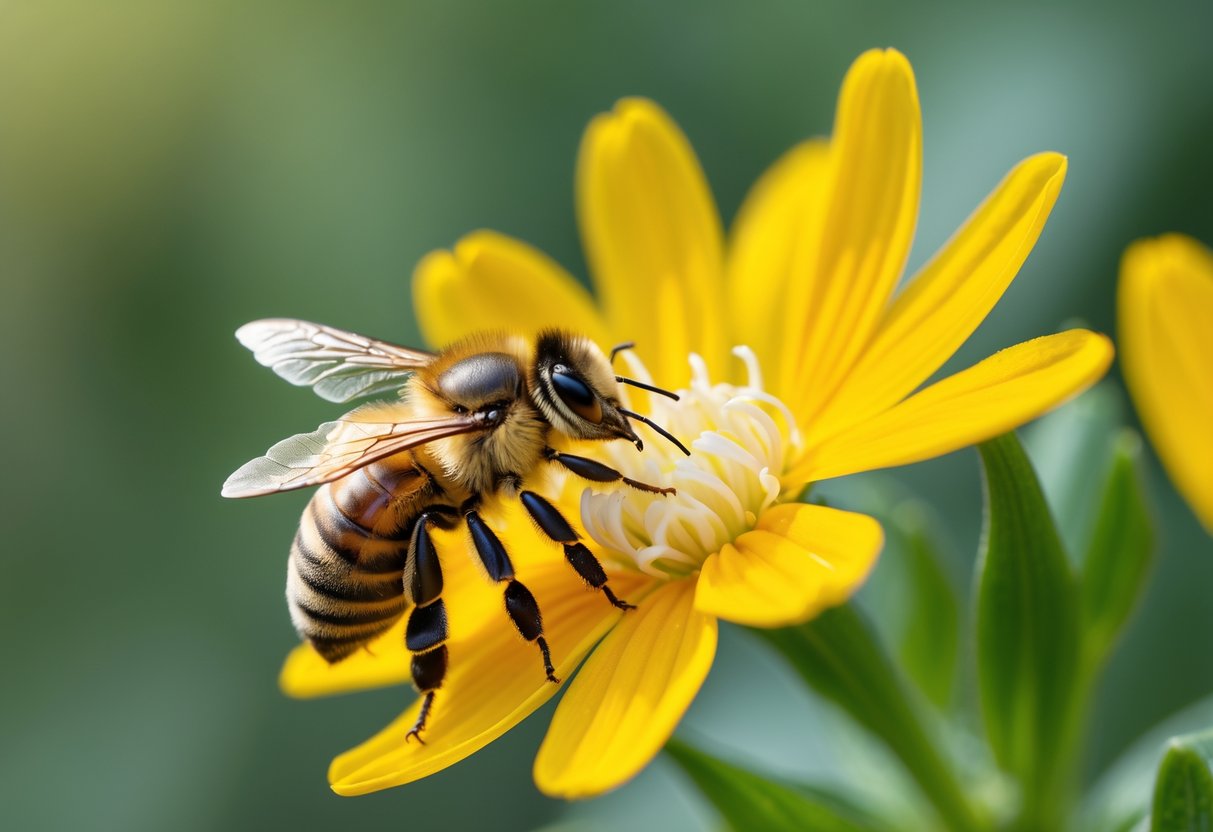 A close-up of a worker bee collecting pollen on a yellow flower with green foliage in the background.