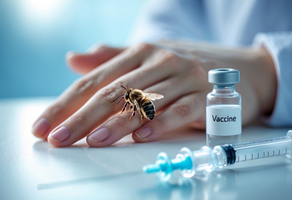 A close-up of a hand with a bee sting next to a vaccine vial and syringe on a white surface.