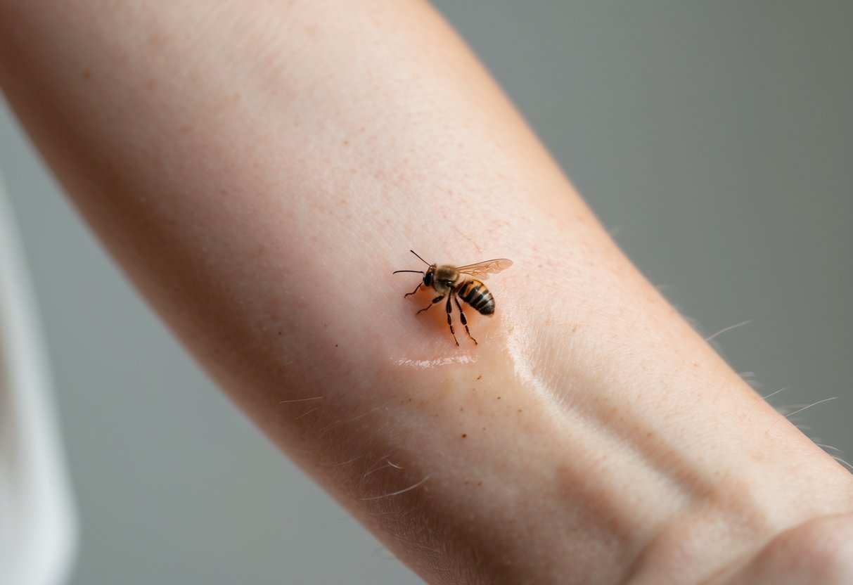 Close-up of a human forearm showing a healing bee sting with mild redness and a small scab after three days.