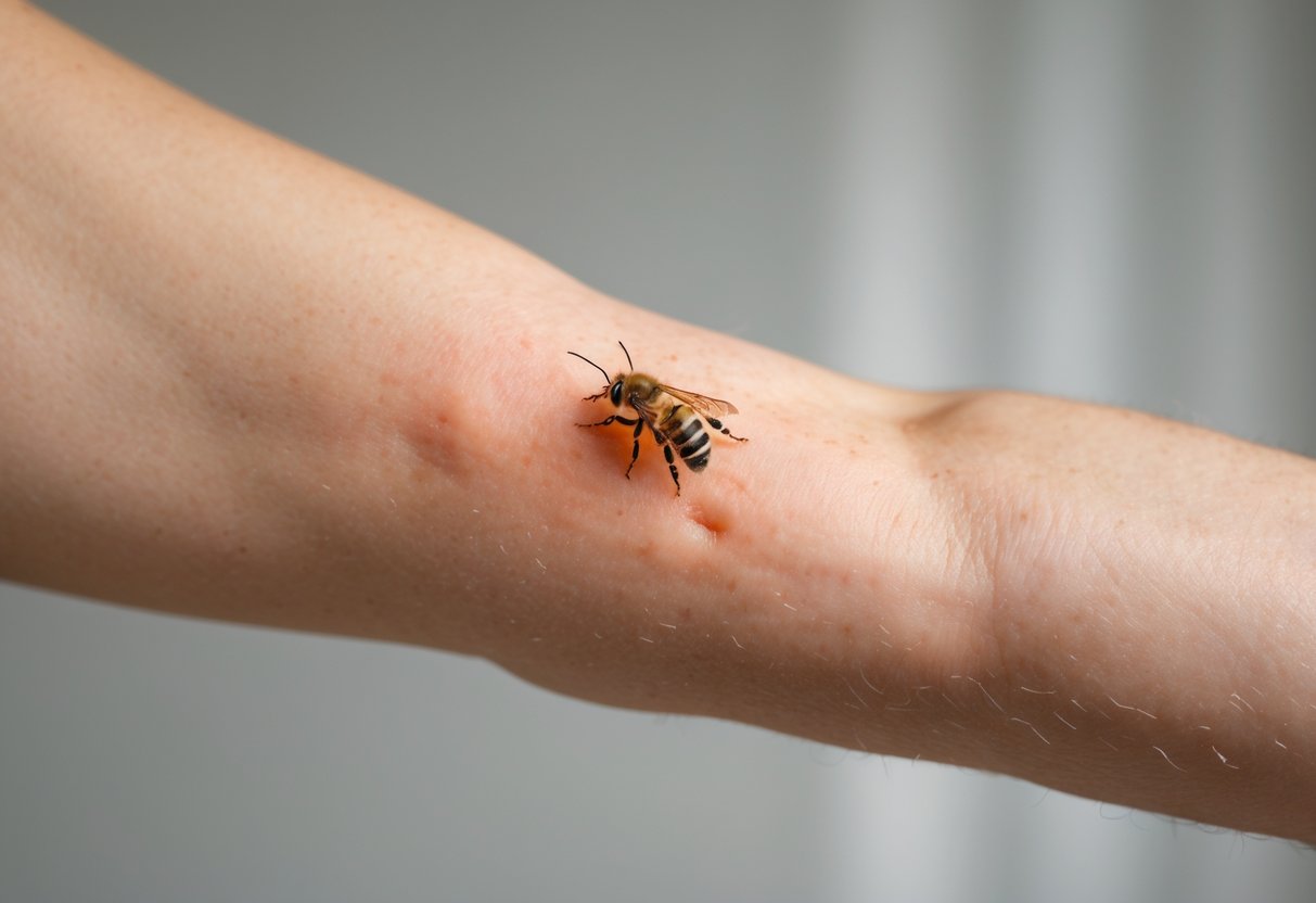 Close-up of a human arm showing a red, swollen bee sting site three days after the sting.