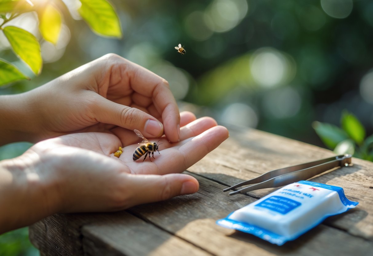 Close-up of a person removing a bee stinger from their hand outdoors with a first aid kit nearby.