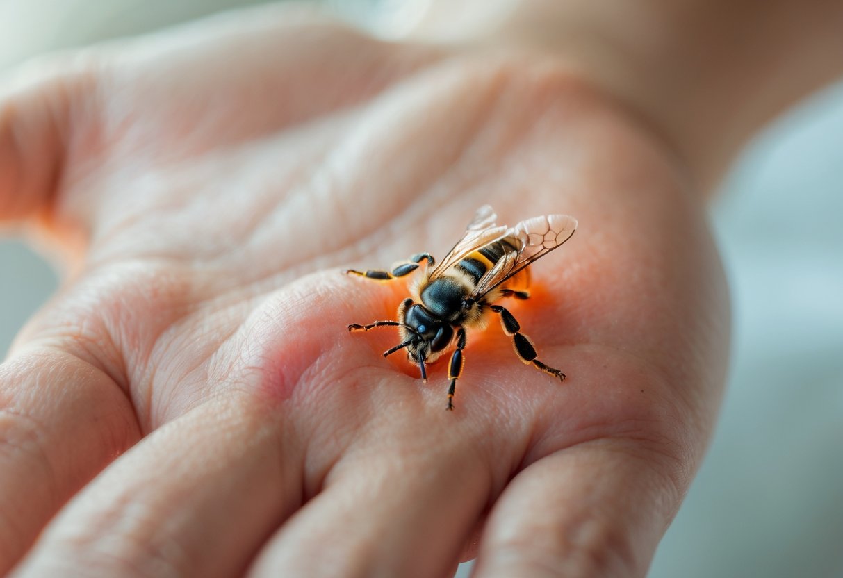 Close-up of a hand with a bee stinger embedded in the skin, surrounded by redness and swelling.