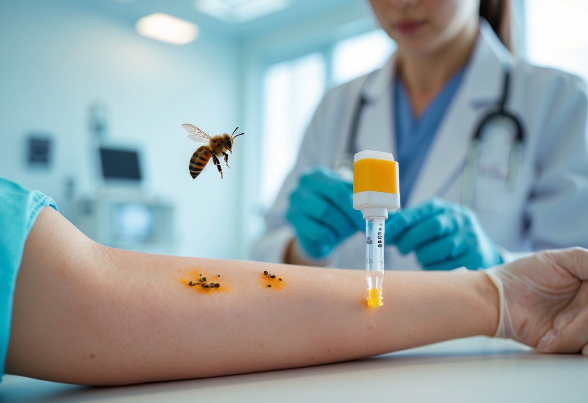Close-up of a person's arm with a bee sting and a medical professional preparing an epinephrine auto-injector in a clinic.