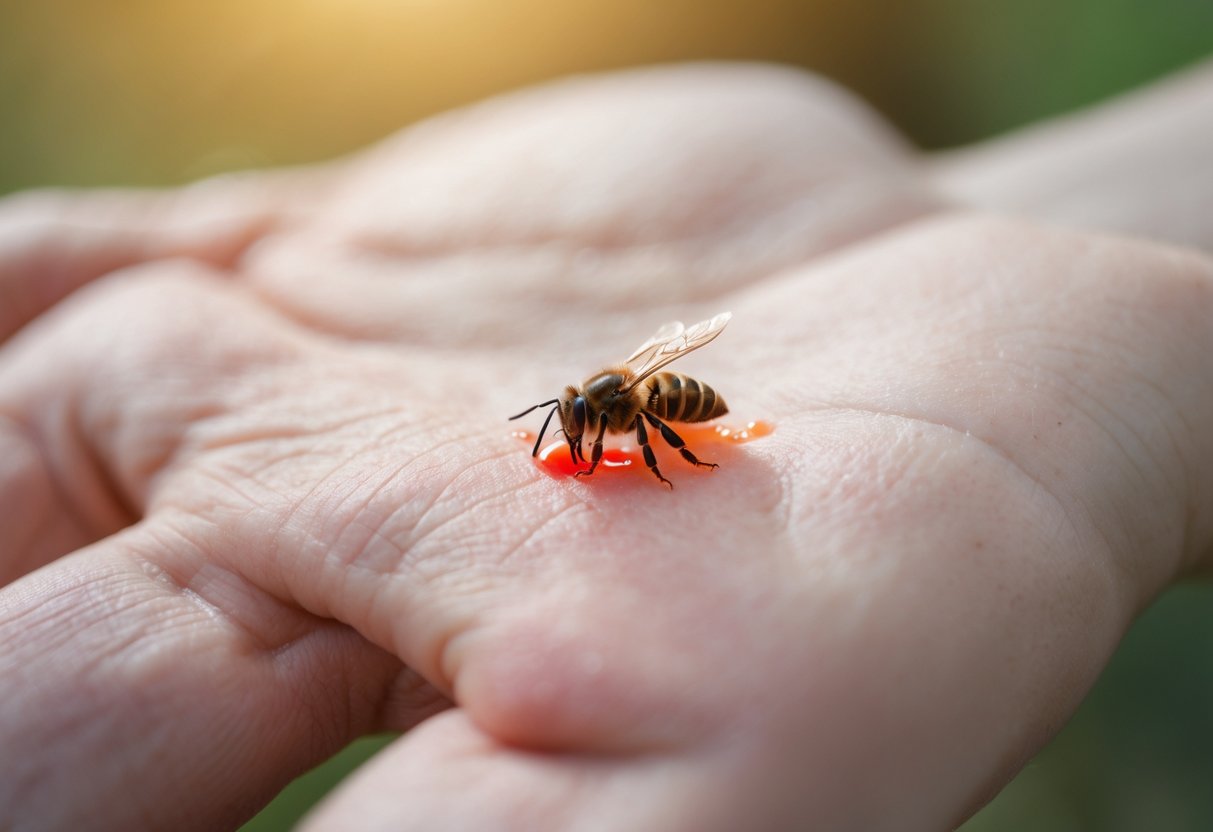 Close-up of a person's hand showing a swollen, red bee sting on the skin.
