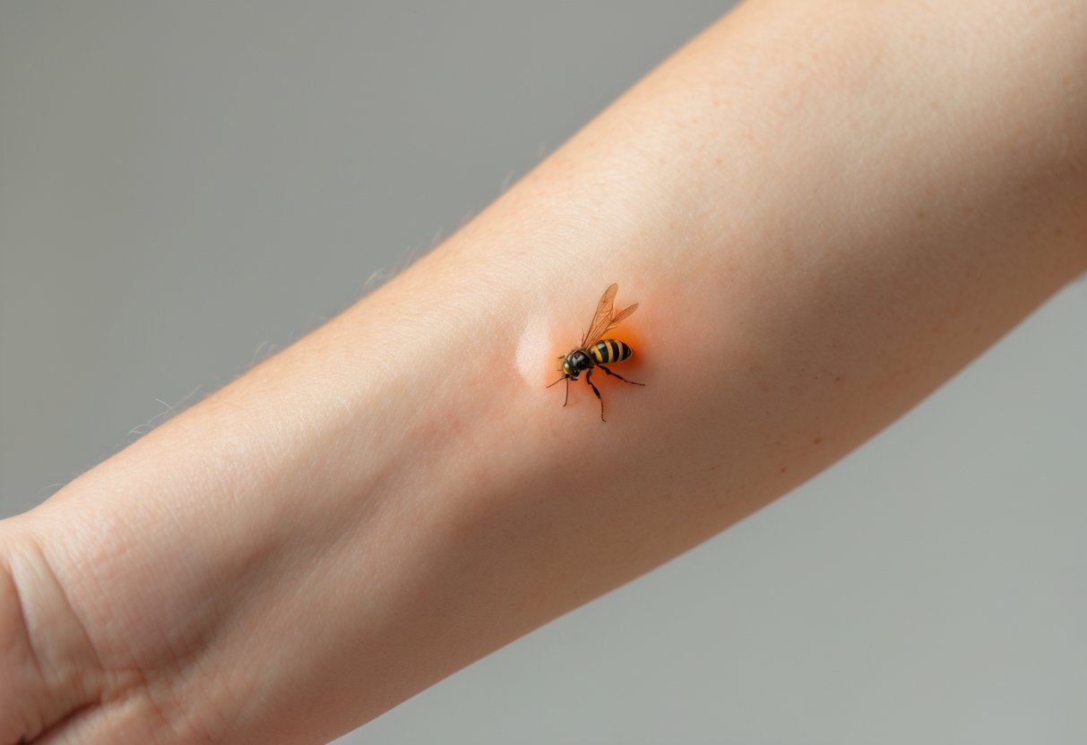 Close-up of a human forearm with mild redness and swelling from a wasp sting reaction.