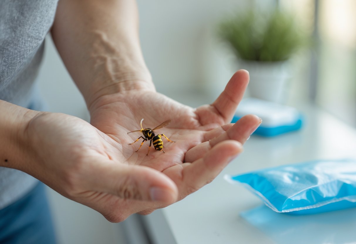 A close-up of a person's hand with a red, swollen wasp sting being gently touched by the other hand.