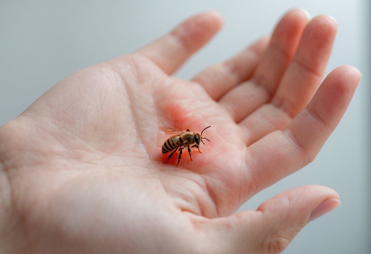 Close-up of a hand with a swollen, red bee sting on the skin.