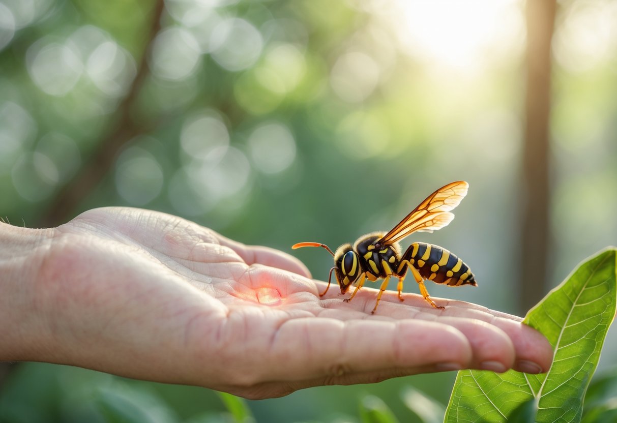 Close-up of a person's hand showing mild swelling and redness, with a wasp perched on a nearby green leaf in an outdoor setting.