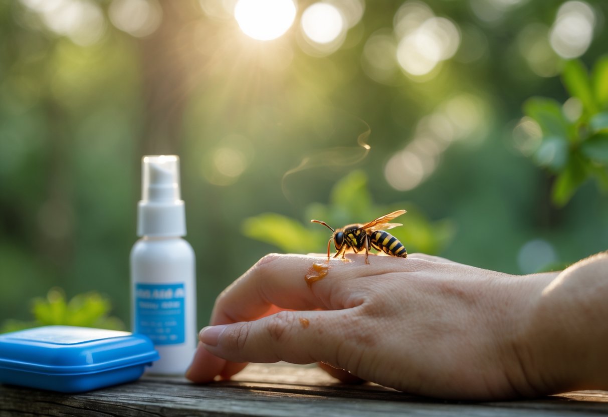 Close-up of a hand with a red wasp sting surrounded by a first aid kit and antiseptic cream outdoors.