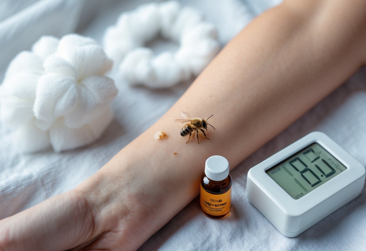 Close-up of a human arm with a visible bee sting, a cotton pad, a small vial, and a digital clock in the background.