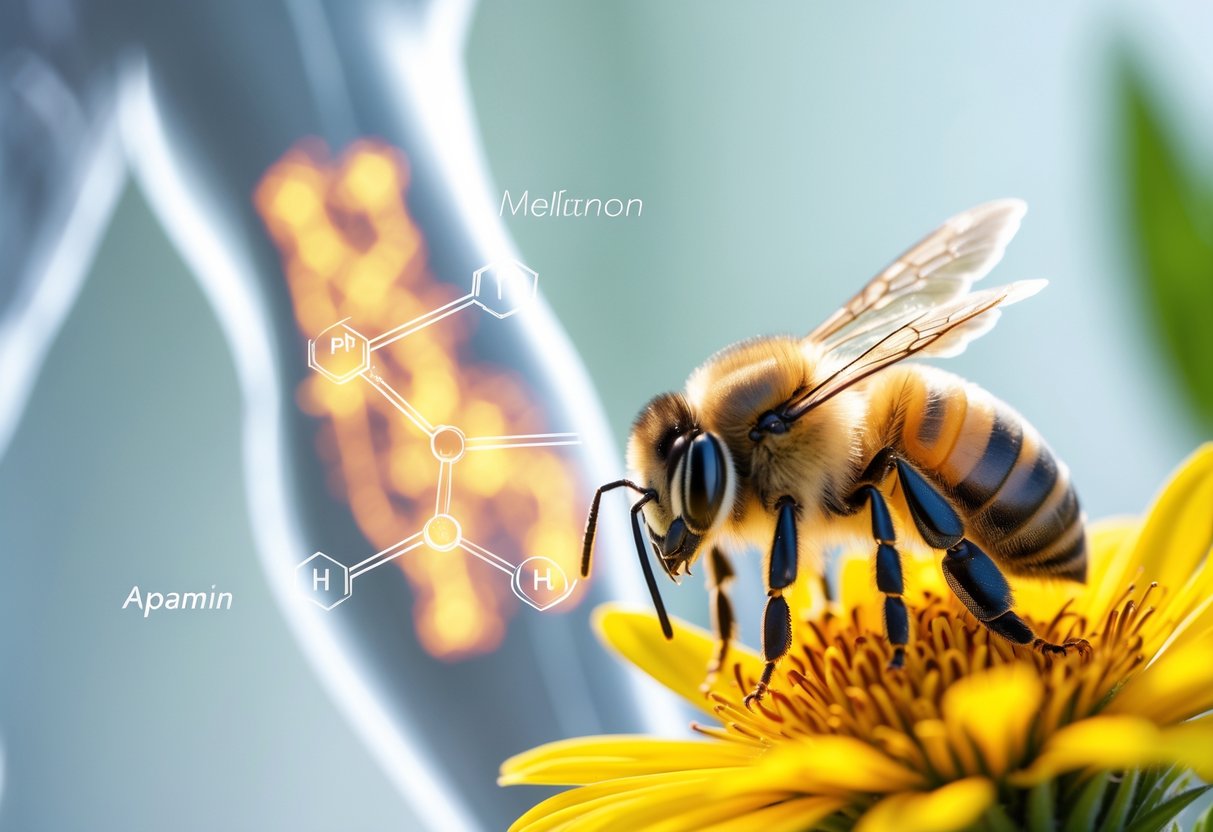 Close-up of a honeybee on a yellow flower with glowing molecular structures around it and a transparent human silhouette showing areas affected by bee venom.