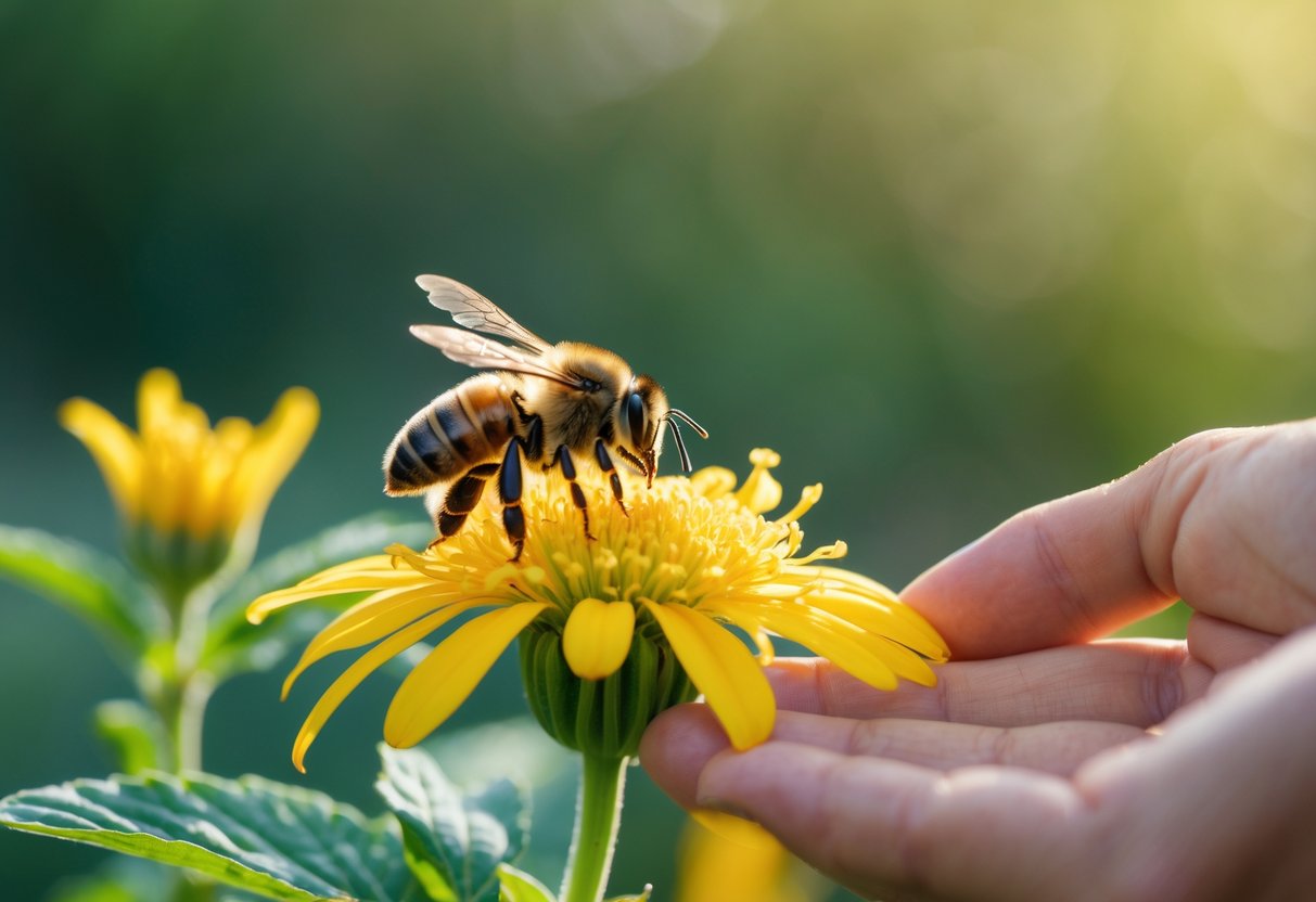 A person calmly watching a honeybee sitting on a yellow flower in a garden.