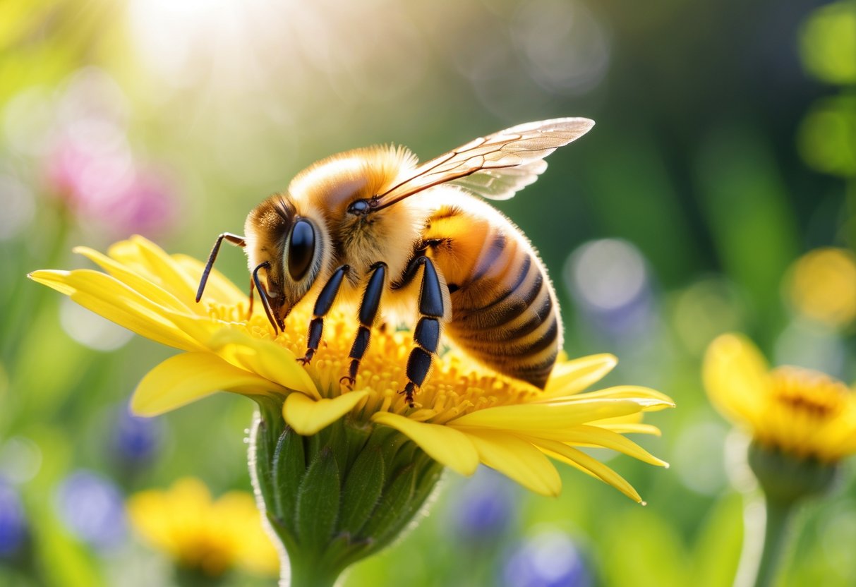 A close-up of a honeybee sitting on a yellow flower in a garden.