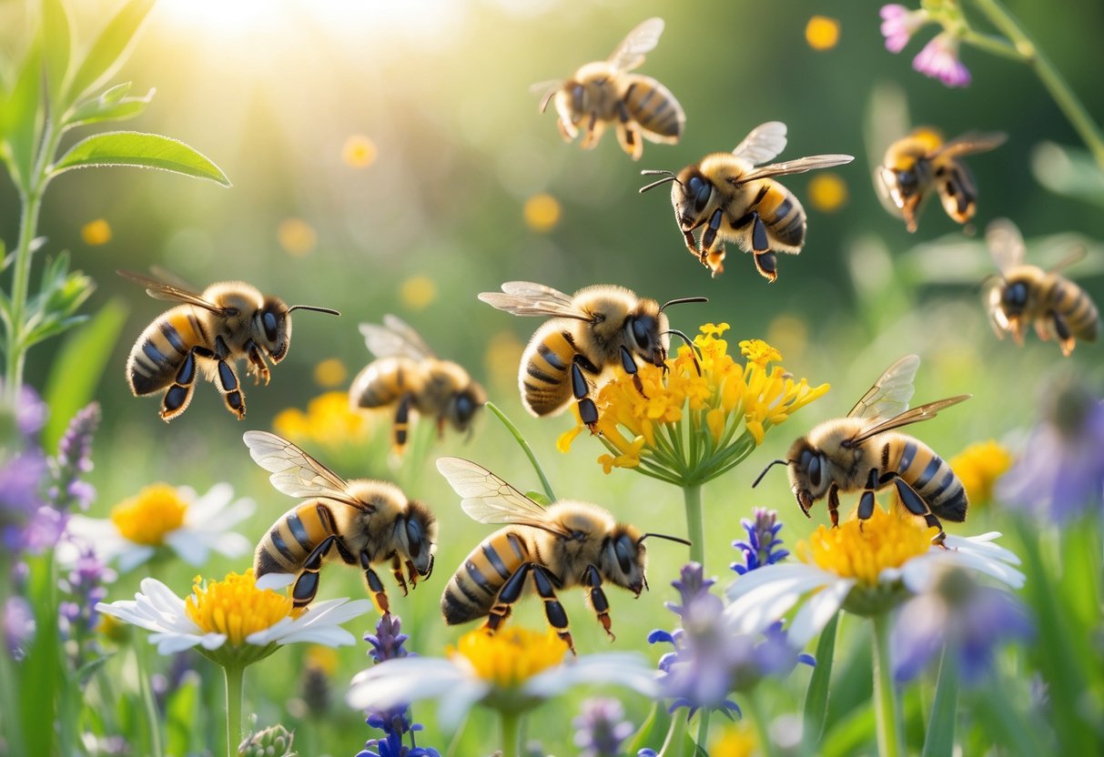 Several different gentle bee species collecting nectar and pollen from colorful wildflowers in a sunlit meadow.