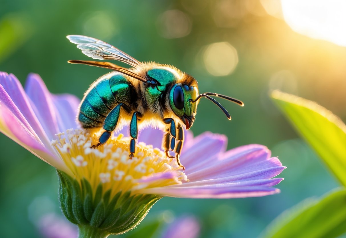Close-up of a small sweat bee resting on a colorful flower petal outdoors with green foliage in the background.