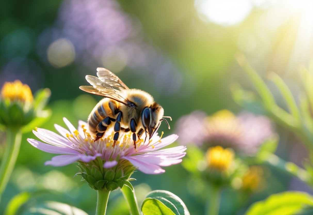 A close-up of a small bee resting on a colorful flower in a garden.