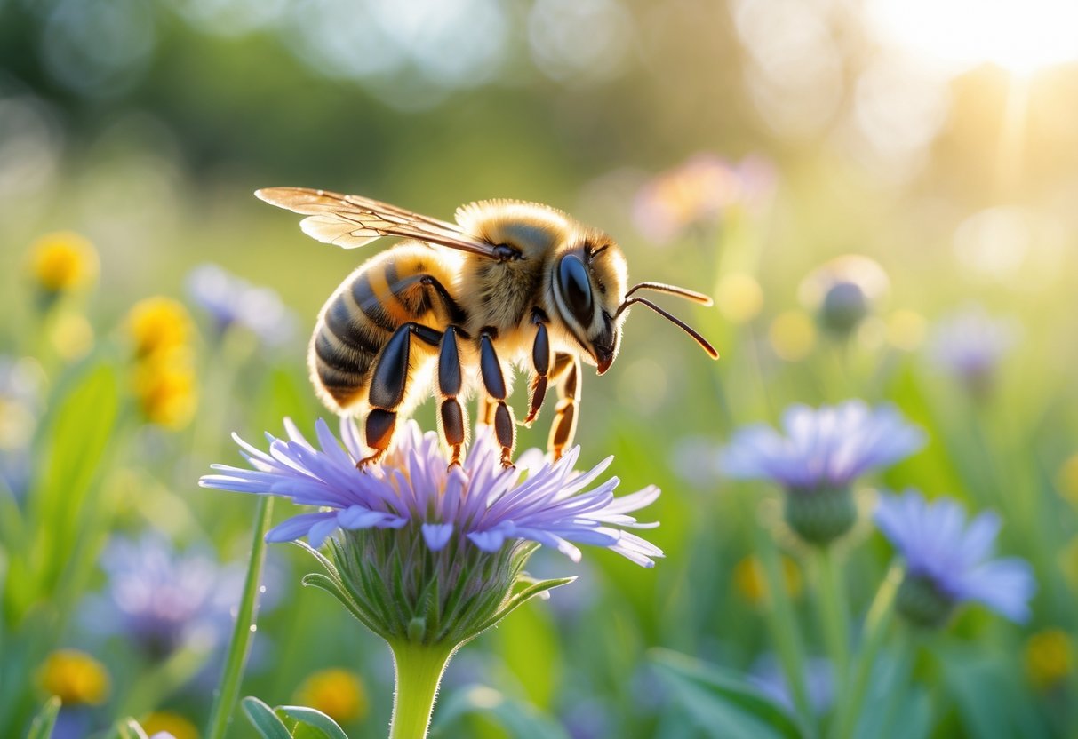 A close-up of a gentle bee resting on a colorful flower in a sunlit meadow with green foliage around.