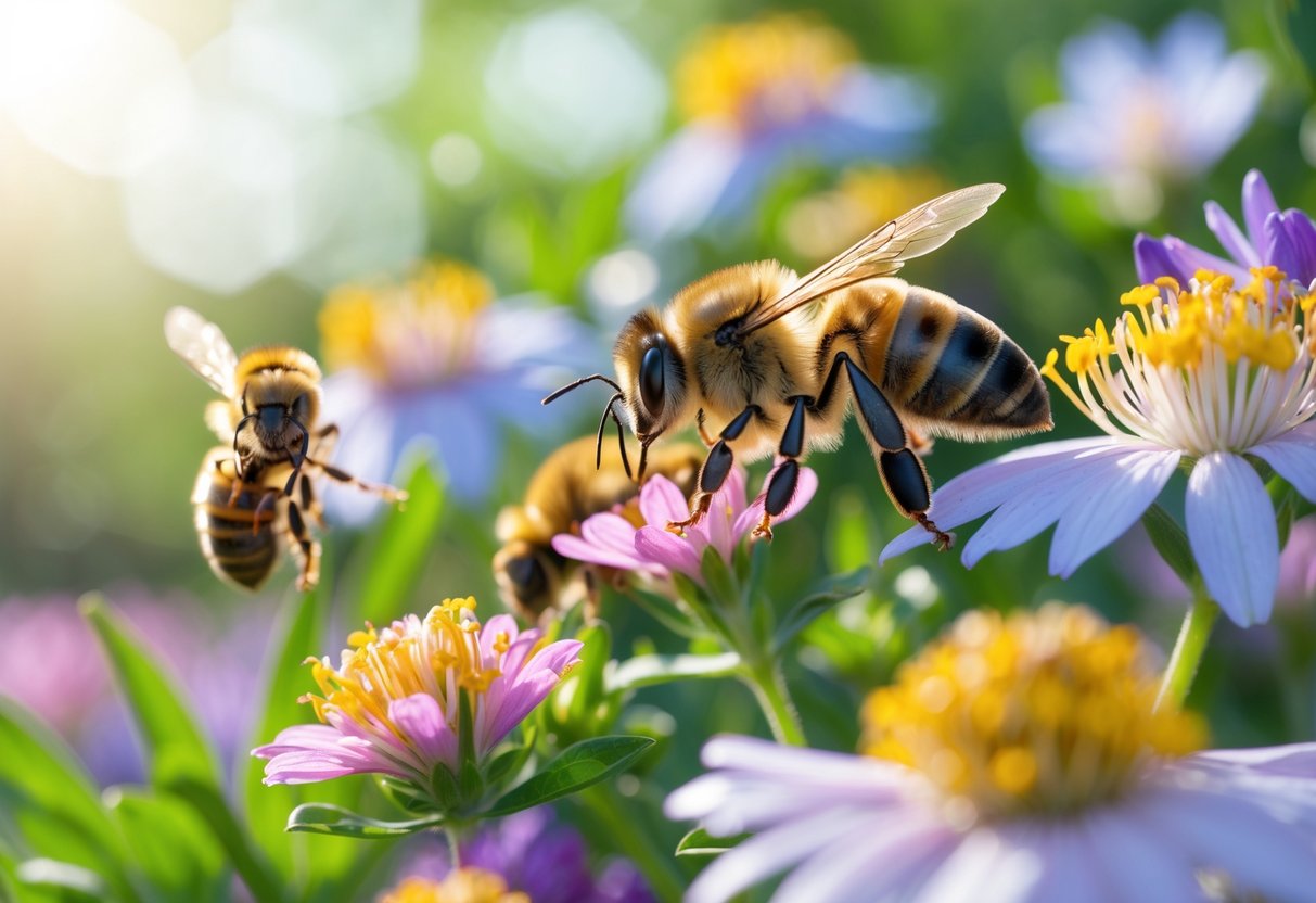 Close-up of several harmless bees on colorful flowers in a natural outdoor setting.