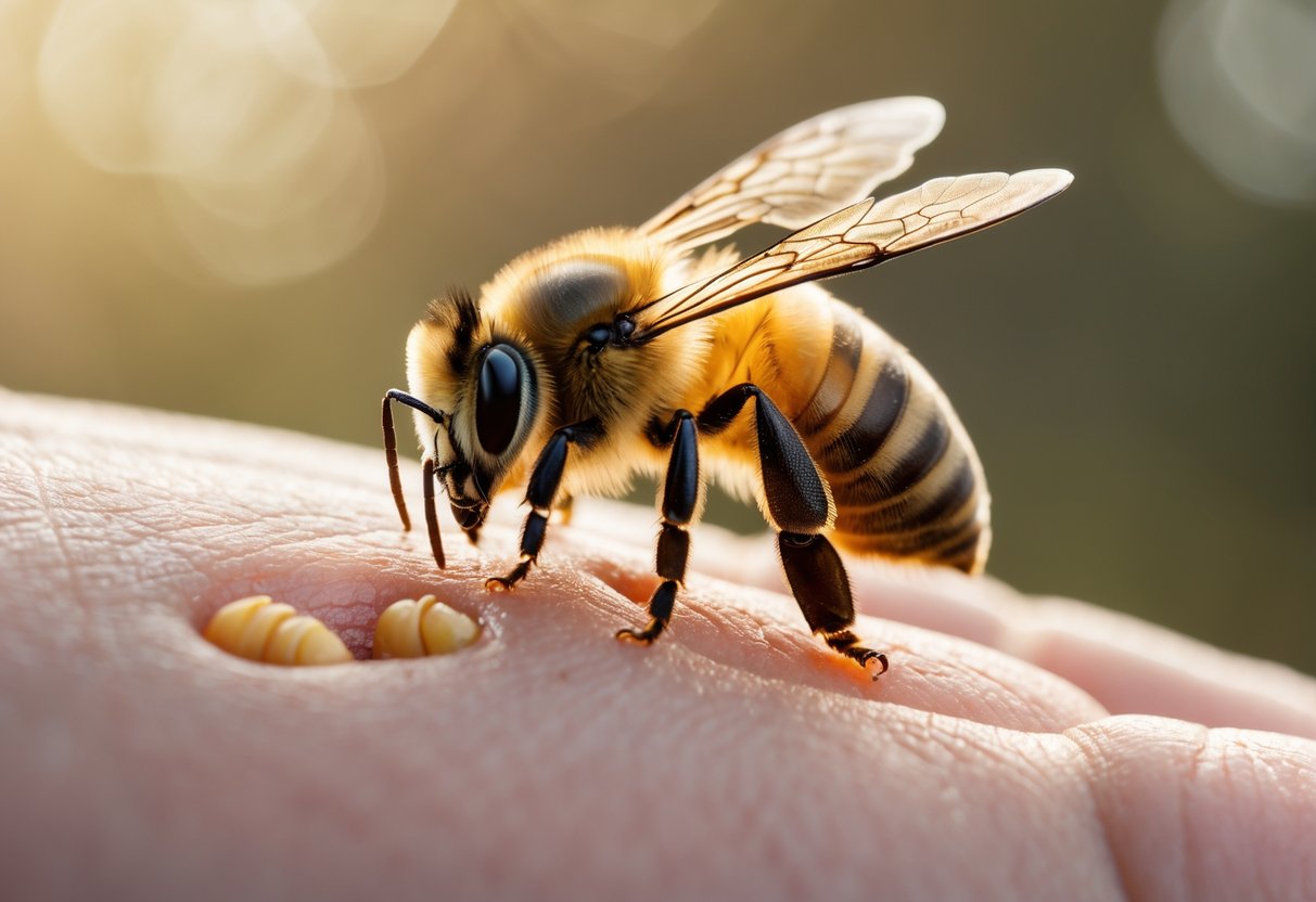 Close-up of a honeybee stinging a person's hand with its stinger embedded in the skin.