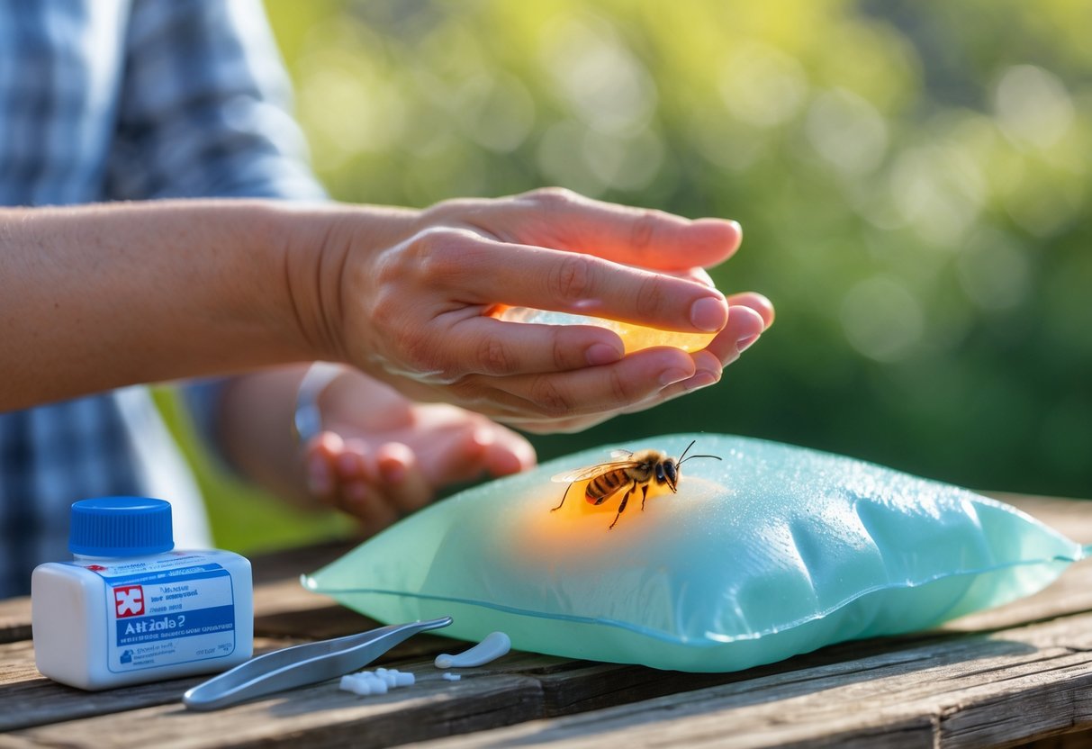 A person applying a cold compress to a bee sting on their hand outdoors with a first aid kit nearby.