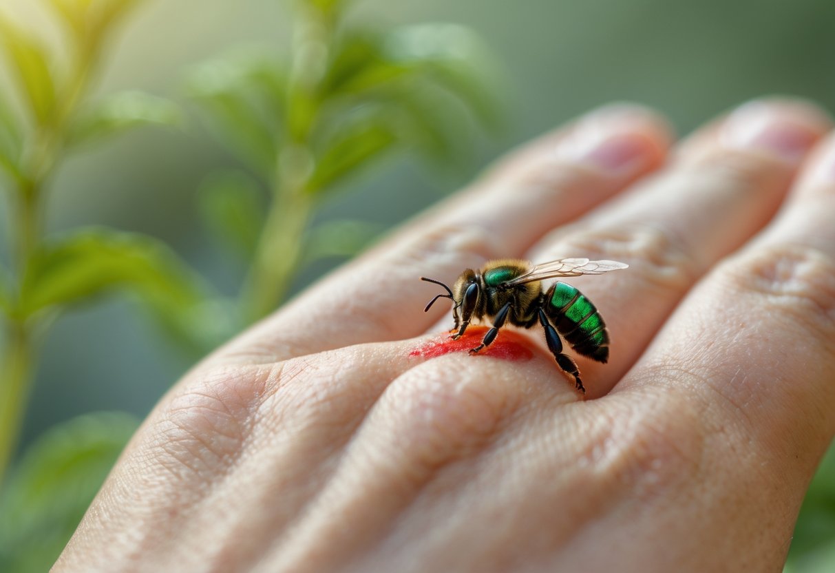 Close-up of a human hand with a small red swollen spot and a tiny green and black sweat bee nearby.