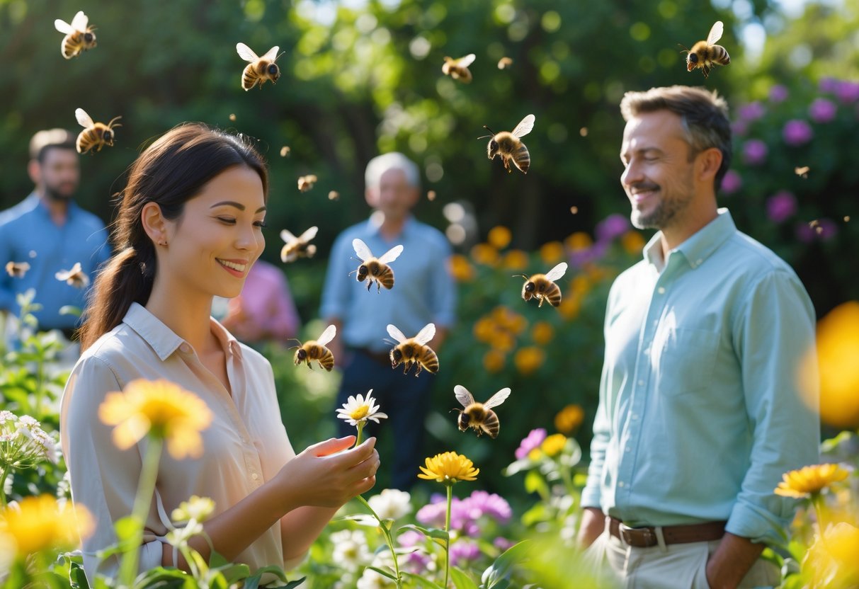 People outdoors in a garden with flowers and bees calmly flying around them.