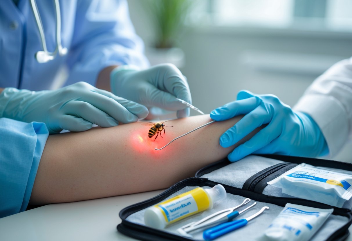 A person receiving medical care for a bee sting on their arm from a healthcare professional in a clinic setting.