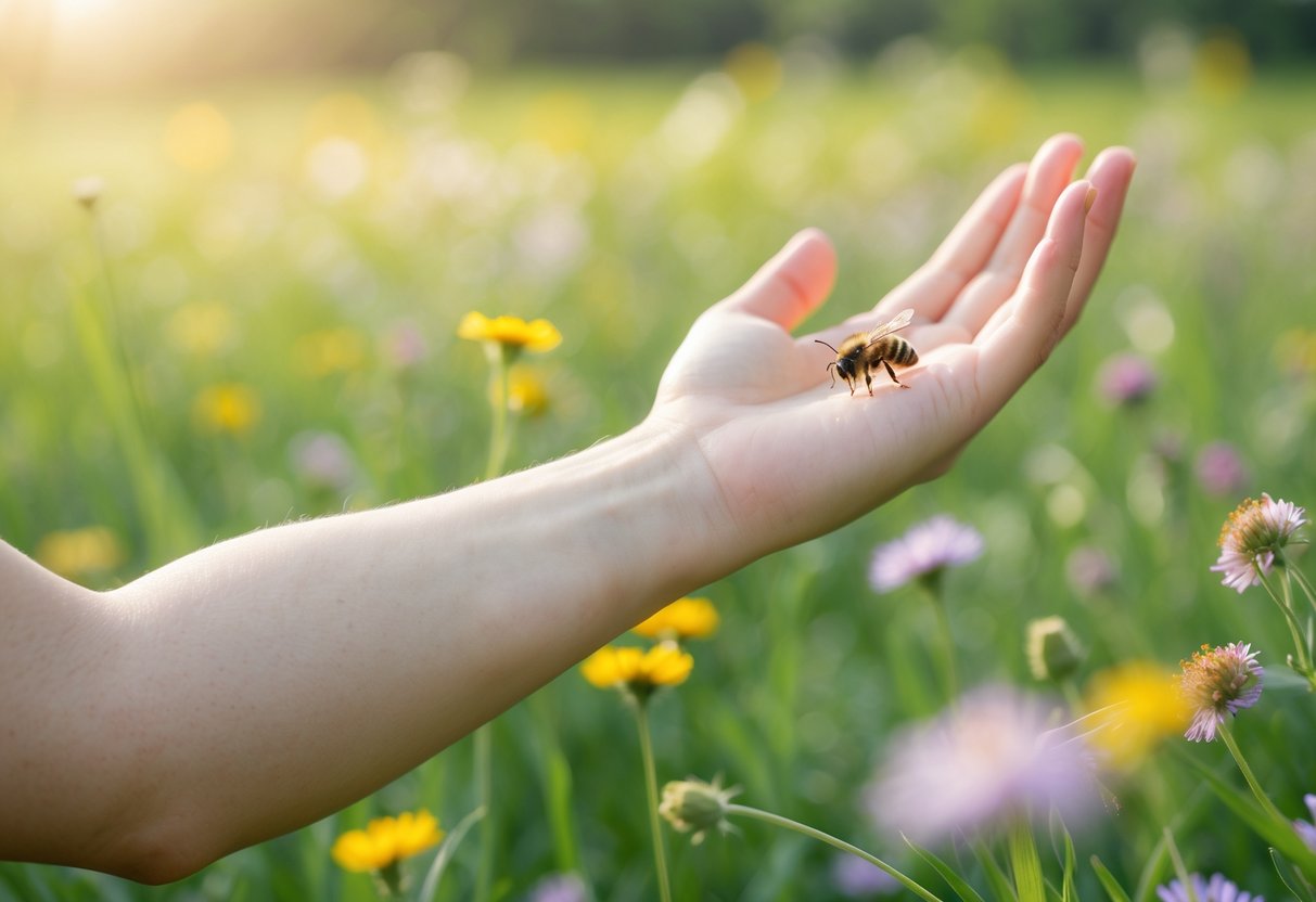 Close-up of a person's forearm with a bee hovering nearby in a sunny meadow with wildflowers.
