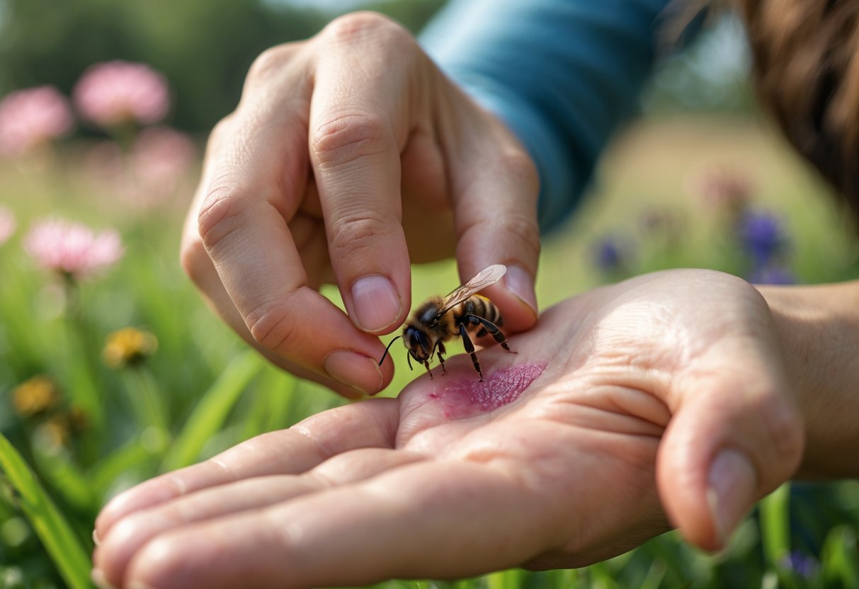 Close-up of a person removing a bee sting from their skin outdoors with a natural background.