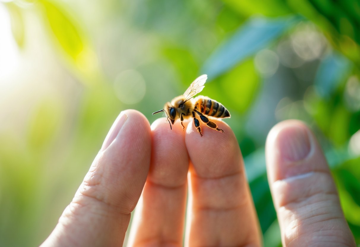 A close-up of a hand holding a honeybee on the fingertip outdoors with green foliage in the background.