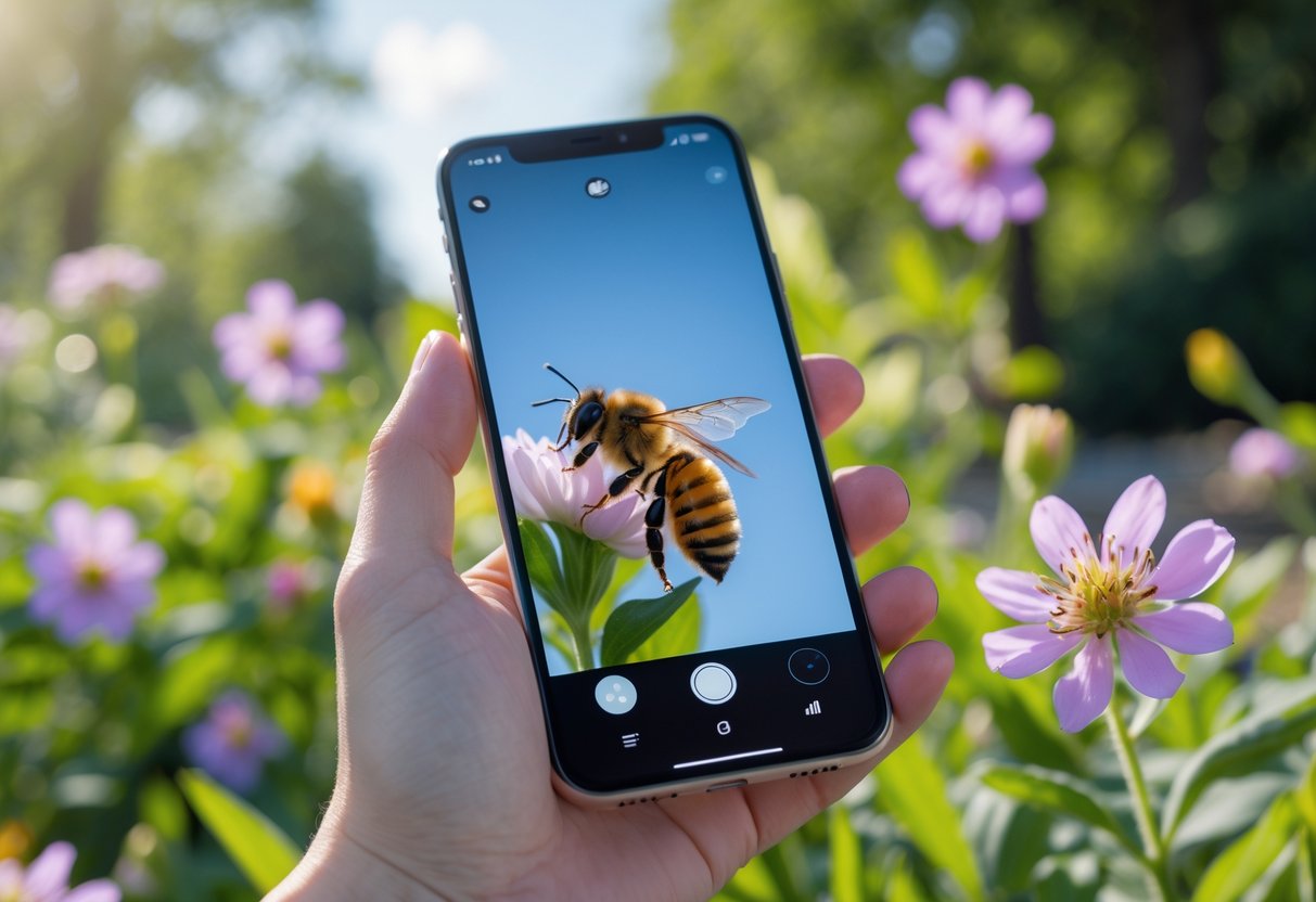 A person holding a smartphone showing a bee on a flower in a garden.