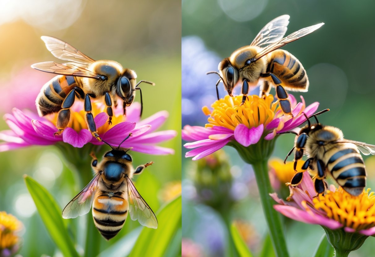 Three different types of bees sitting on colorful flowers outdoors, showing their distinct shapes and colors.